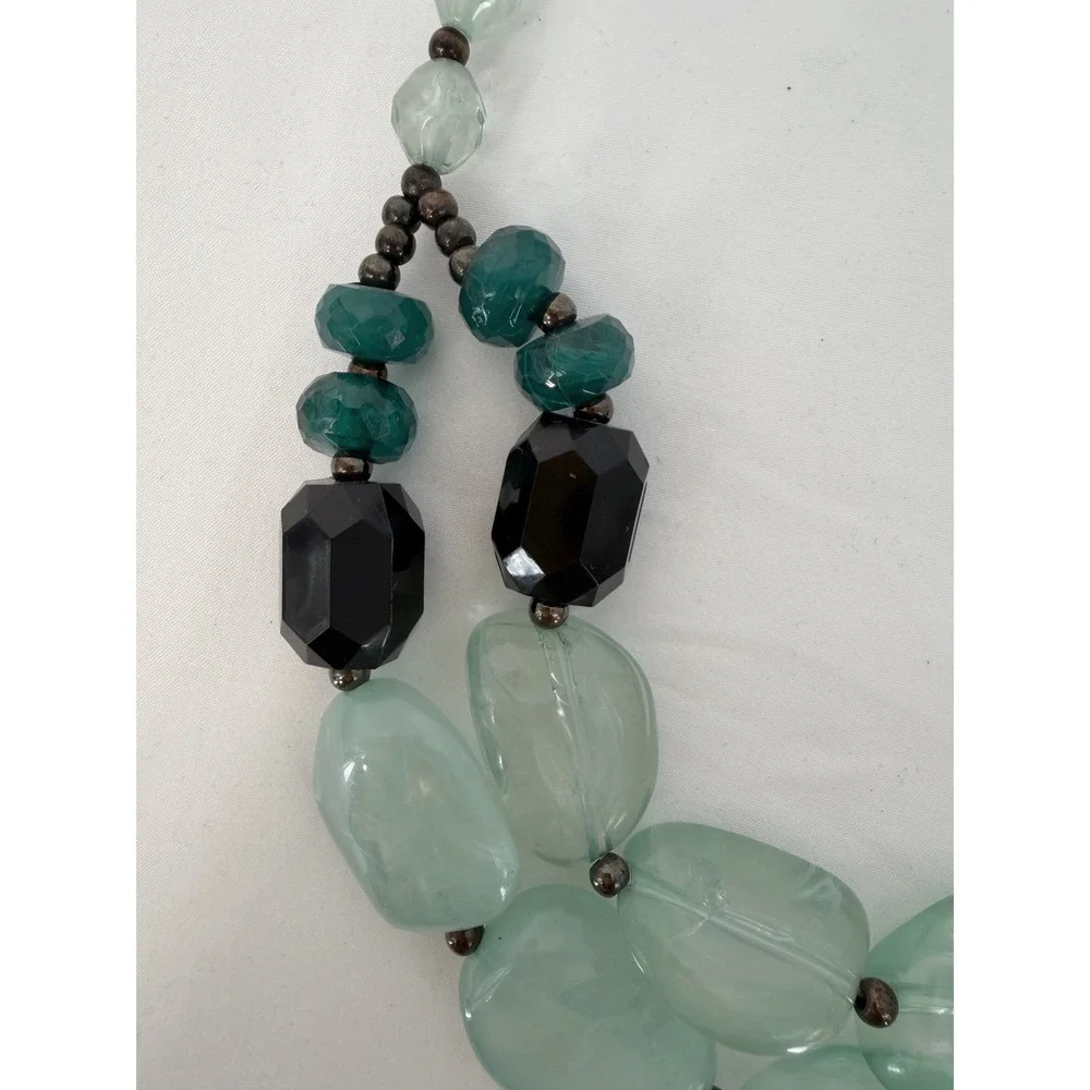 Chunky Beaded Necklace Seafoam Green Teal Black Multi Strand Toggle Chic 103-167